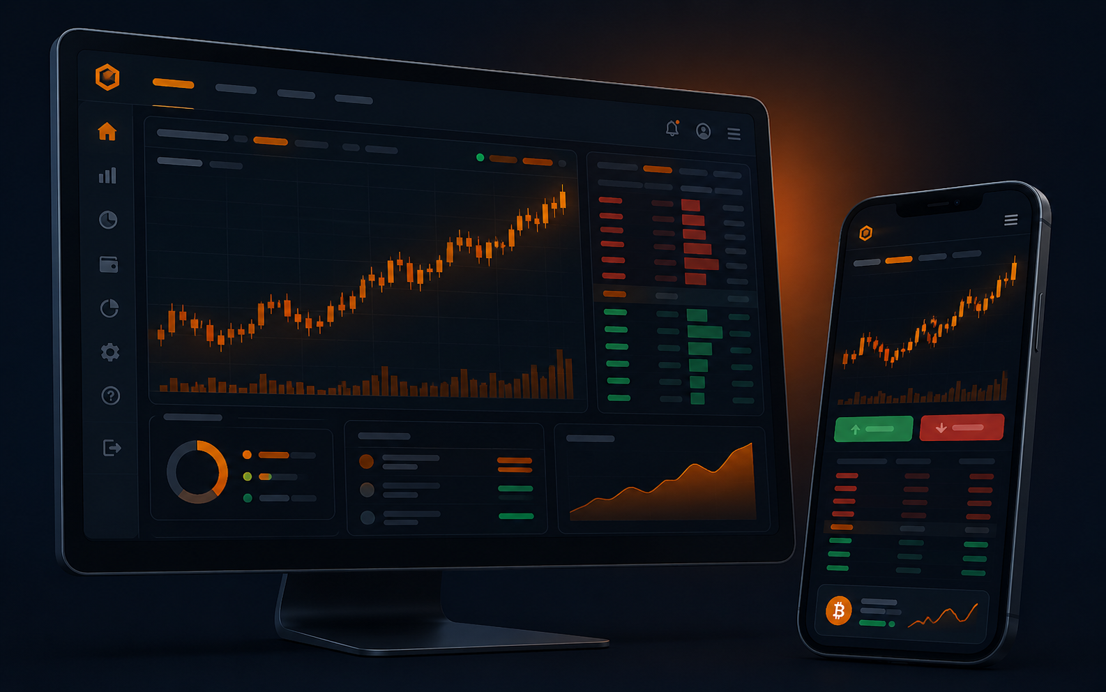 OKX exchange trading dashboard on desktop and mobile