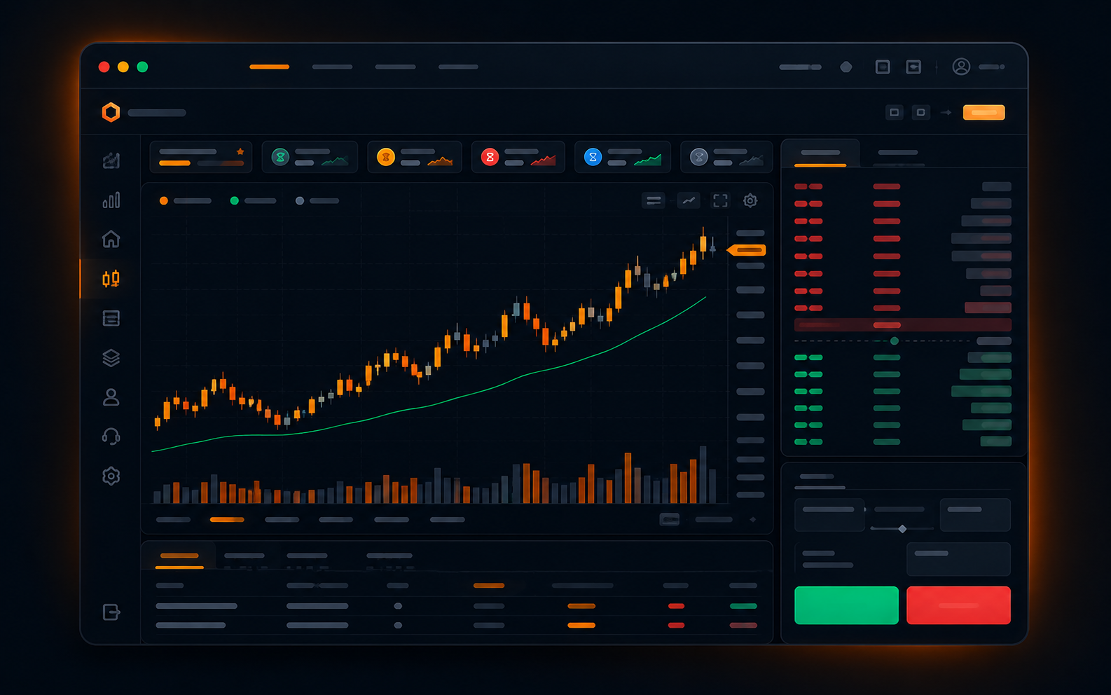 OKX trading platform interface with chart, order book, and buy sell panel